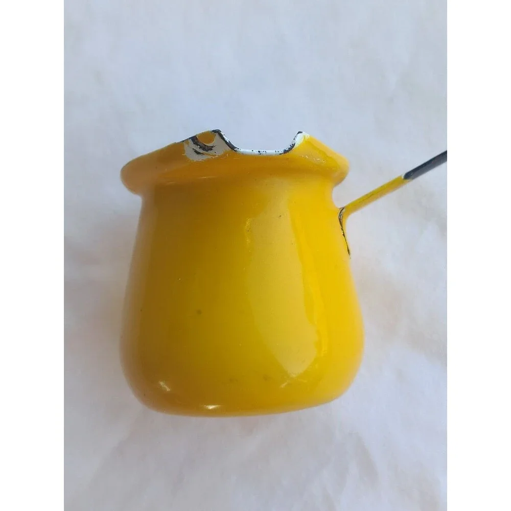 Vtg Butter Warmer Melter Coffee Milk Ladle Enamelware Yellow Primitive Stove Pot